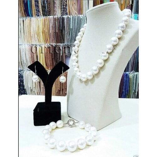 Fashion Big 16mm round White South Sea Shell Pearl Necklace Bracelet Earring Set