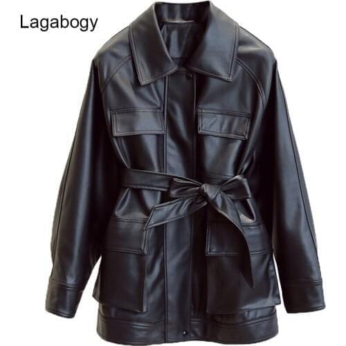 Lagabogy New Spring Autumn Women Faux PU Leather Jacket Casual Female Streetwear Motor Biker Outwear With Belt Coat