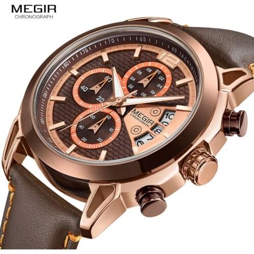 Rose Gold Chronograph Quartz Wrist Watches for Maen Leather Strap Army Sports Casual Stop Watch Clock Man Relogios 2071GREBN