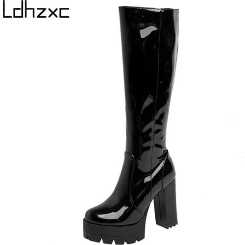 LDHZXC 2020 Patent Leather Platform Long Boots Black White Fashion Square Heel Knee High Boots Women With Zipper Good Quality