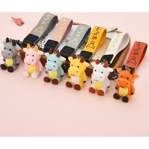 Fashion Resin Sitting Calf Keychain Cartoon Hot Stamped Leather Cord Bullish Key Chains Car Bag key Ring accessories Gifts