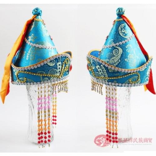 Mongolian womens hat pure handmade high-grade Mongolian Hat Blue Satin pointed top large womens hat national dance headdress