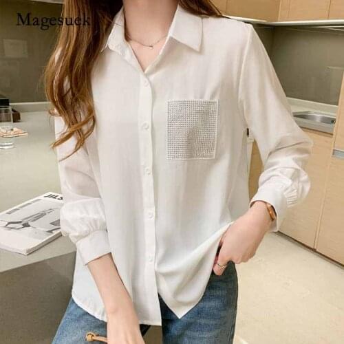 2020 Autumn Fashion New Korean Style Loose Long-Sleeved Womens Blouse Pockets Solid Turn-down Collar Shirt Blusas Mujer 10775