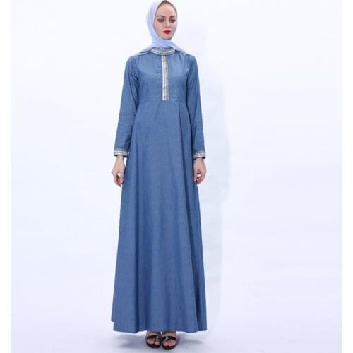 Vintage Muslim Dress Women Denim A-line Maxi Hijab Dresses Turkey Islamic Jeans Vestidos Kimono Moroccan Kaftan Arabic Elbise