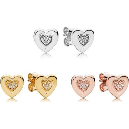 925 Sterling Silver Rose Golden Signature Heart pan Earring With Crystal Studs Earring With Crystal For Women Jewelry