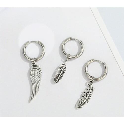 1PC Punk Hip Hop Stainless Steel Feather Earrings For Women Men Fashion Rock Leaves Wings Hoop Earrings Party Jewelry E755
