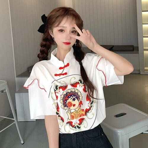 Chiffon Clothes for Women Cartoon Print Shirts Summer Vintage Style Chic Stand Ladies Tops Ruffles Blouses Womens Clothing