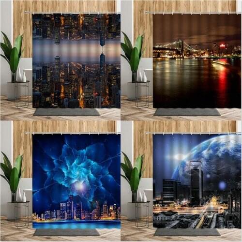 Landscape Shower Curtain Set City Night Scenery Bathroom Decor Creative Living Room Wall Fabric With Hooks Bath Hanging Curtains