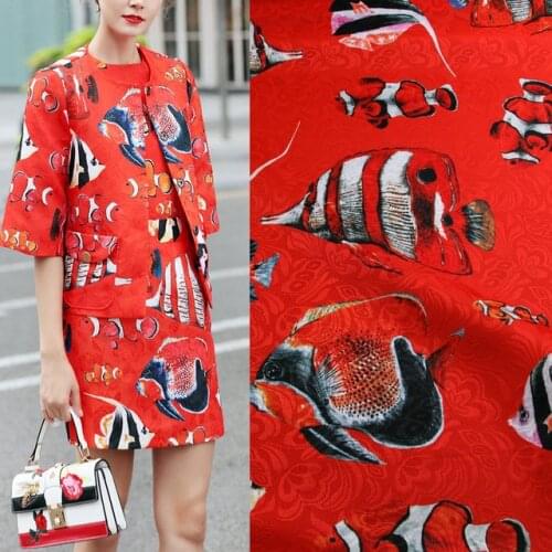Red Color Fish Printed Jacquard Fabric Women Coat Dress Polyester Tissue Autumn Wear Suits DIY Clothing Material Wedding Fabric