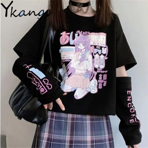 Detachable Sleeve Black Printing Dark Style T-Shirt Summer Fashion Gothic Girl Vintage Big Size Punk Harajuku WomenS Streetwear