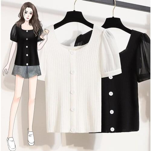 5XL plus size puff sleeve shirt women 2021 summer fashion knit stitching sweater white square collar top tide womens clothing