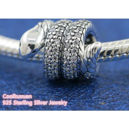 100% 925 Sterling Silver Sparkling Wrapped Snake Charm beads Fits Original Pandora bracelets Jewelry Making