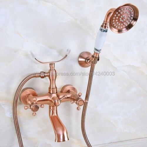 Antique Red Copper Wall Mounted Bathtub Mixer Faucet Double Handle Tub Water Taps With Ceramic Handshower Kna359