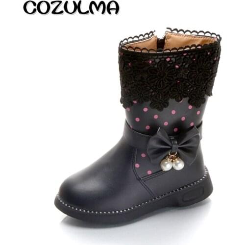 COZULMA Girls Lace Boots Kids High Boots Princess Fashion Bow Snow Boots Children Kids Shoes Girls Dress Shoes for Autumn Winter