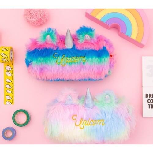 Rainbow Color Faux Rabbit Fur Laser Unicorn Pencil Case Wallet Storage Pouch Purse Pencilcase Woman Makeup Bag Cosmetic Handbag