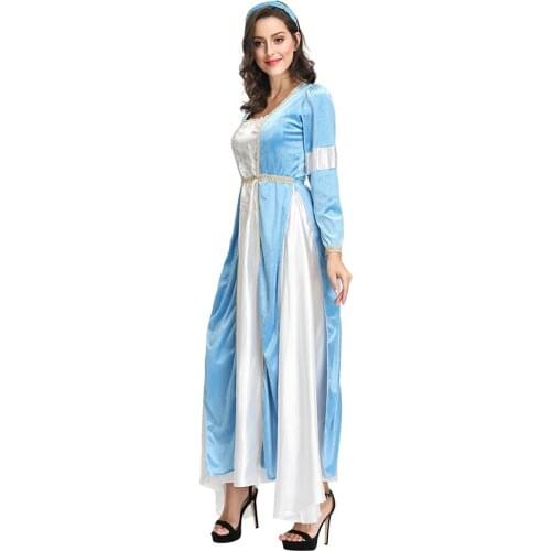European Gothic Thrones Renaissance Medieval Cosplay Juliet Princess Blue&White Long Sleeve Fancy Long Dress Halloween Costume