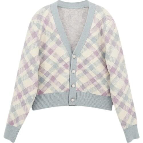 Short color matching rhombus sweater women spring 2021 small fresh V-neck sweater cardigan jacket thin section