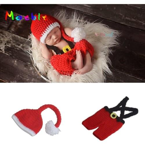 Red Color Newborn Baby Christmas Costume Crochet Infant Baby Christmas Hat and Pants Set Photo Props Boys Knitted Outfits