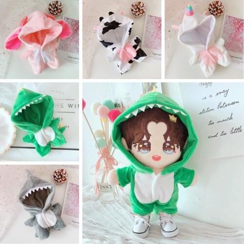 20cm EXO Doll Dinosaur Rabbit Shark Cow Plush Warm Overall Jumpsuit One-piece For EXO Stuffed Baby Dolls Toys Accessories