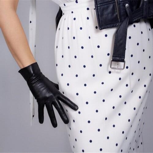 Fashion Real Leather Gloves 25cm Short Goatskin Black Female Models Thin Lining Lining HS-S00193