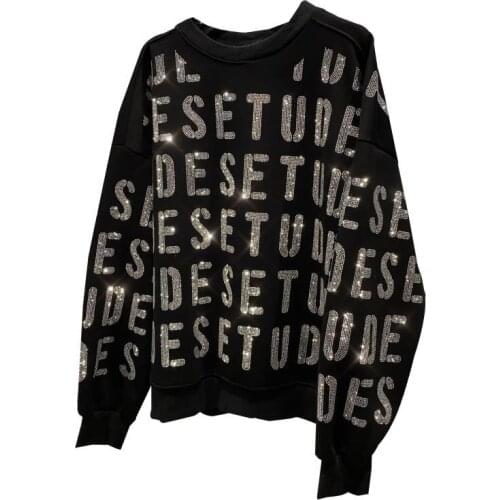 2021 Spring New Top Full of Letters Rhinestone Hot Drilling Candy Color Round Neck Cotton Loose Pullover Sweatershirt Women