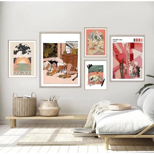 New Nordic Abstract Animal Tiger Picture Muralla Roja Sunset Canvas Painting Wall Art Posters Prints Living Room Home Decoration