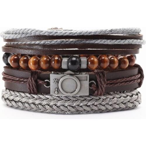 New Fashion Vintage Feather Hooks Camera Eye Charm Beads Leather Men Bracelets For Women Femme Homme Male Jewelry