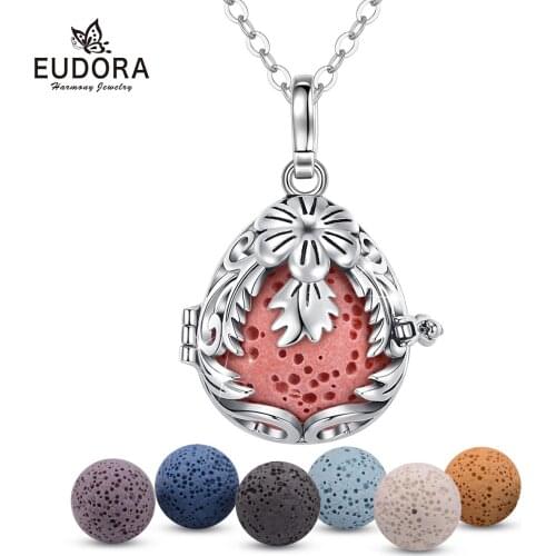 EUDORA NEW 16mm Aromatherapy Perfume Essential Oils Diffuser Necklace Hollow oval Locket Cage Pendant with Fun Lava Stone H40