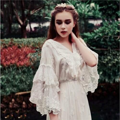 White Lace Dress Women Dress Spring Summer Vintage Elegant Slim Embroidery Lace Dress V-Neck Casual Loose Maxi Dresses Clothes