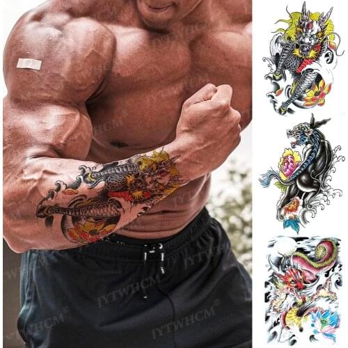 Temporary Tattoos for Men Large Waterproof Arm Sleeve Tattoo Wolf Dragon Buddha Tattoo Sticker Evil Death Skull Devil Stickers