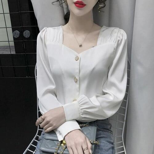 Korean version of silk satin square collar shirt for women 2021 spring and autumn fashion new long-sleeved solid color shirt