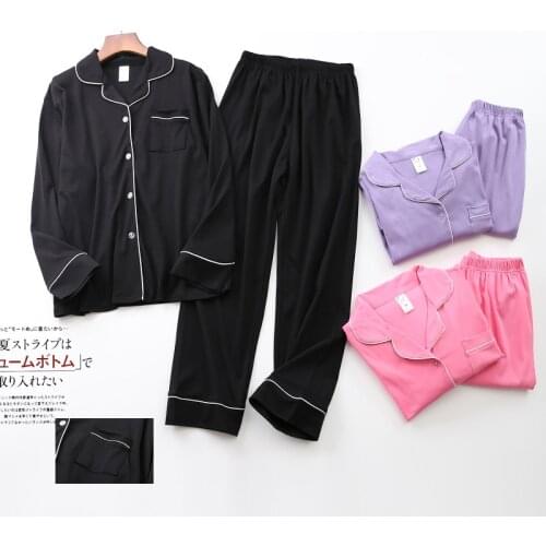 Women Spring Pajamas Solid Cotton Sleepwear Long Sleeve Loungewear Lapel 2 Piece Set Plus Size Home Clothing Casual Loose Pijama
