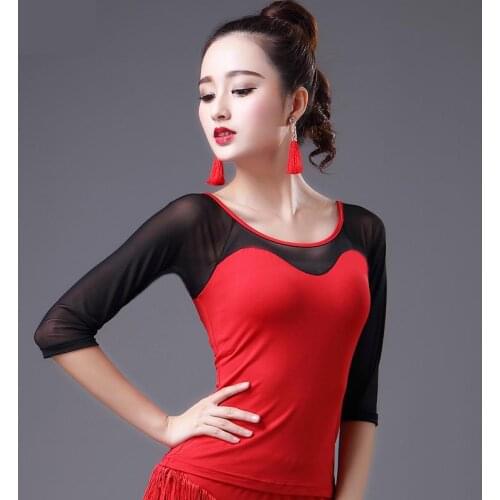 2020 Autumn Women Latin Dance Leopard Tops Lace Mesh Mid Sleeve Modern Dance Sexy Latin Ballroom Samba Tango National Standard