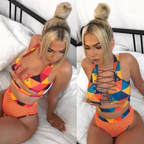 Women Lace Up Fishnet Swimsuit Bikini Set Push-up Padded Bra Mesh Swimsuit Bathing Suit Swimwear