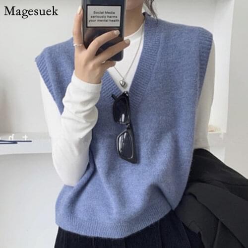 V-neck Knitted Sweater Vest Women 2021 Autumn Loose Preppy Style Pullover Women Sleeveless Vest Sweater Winter Clothing 15994