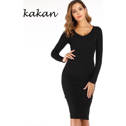 Kakan new V-neck slim solid color knit sweater dress 2019 autumn and winter womens sweater dress