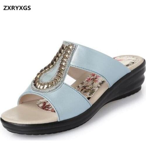 ZXRYXGS Brand Sandals Shoes Woman New 2019 Rhinestone Cow Leather Shoes Summer Women Sandals Slippers Plus Size Wedges Sandals