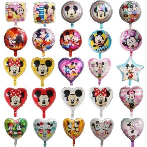 10pcs 18inch Mickey Minnie Mouse Balloons Cartoon Round Heart Foil Balloon Pincess Birthday Party Decorations Kids Toys Globos