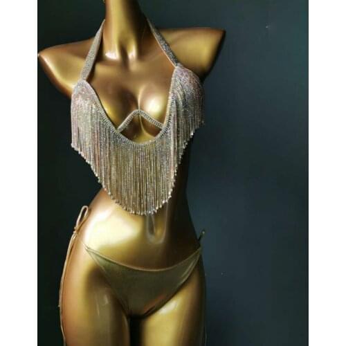 2021Belly Dance Underwire Hard Cup Bikini Diamond Swimsuit Diamond Tassel Bikini Sewn Diamond Bikini Nightclub Clothes Sexy