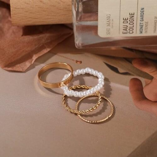 4 pcs/set Fashion Imitation Pearl Rings for Women Gold Color Round Wave Geometric Rings Set Wedding Party Jewelry New