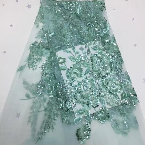 5yards/pc) high grade mint green African tulle lace fabric gorgeous sequins and beads embroidered French lace for party FZX042