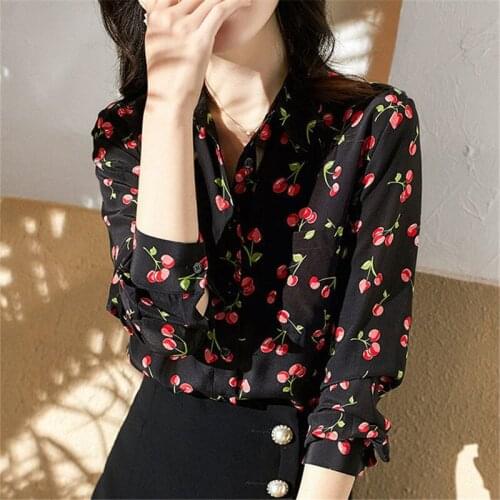 Spring Summer Chiffon Shirts Temperament Elegant Long Sleeve Polo-Neck Cherry Blouses Stylish Women Loose Tops Blusas MM0821
