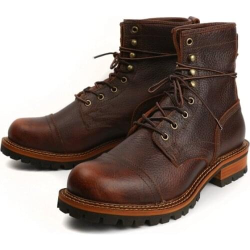 Yomior Vintage Fashion Men Boots Handmade Tooling Cow Leather Shoes Wedge Safety Round Toe Motorcycle Boots Winter Ankle Boots