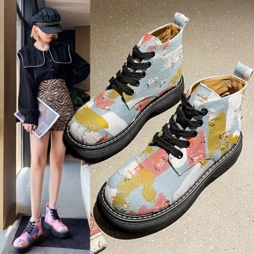Denim Thick Bottom Trifle Lace-up Boots Canvas Motorcycle Boots Short Boots Casual Zebra Leopard Print Womens Shoes