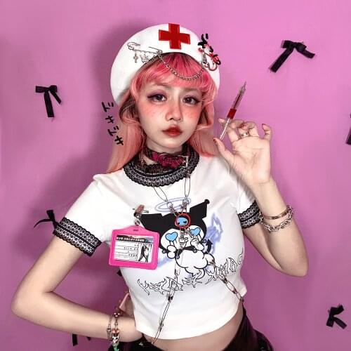 Japanese Cartoon T-Shirt Women Harajuku Print Lace Cool O-Neck Short-Sleeved Top Sweet Hot Girl Slim Short-Sleeved Tees Female