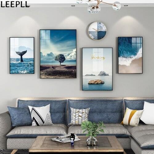Whale Tail Decoration Blue Ocean Desert Tree Blue Canvas Oil Painting Print Modern Wall Art Picture Home Living Room Decoration