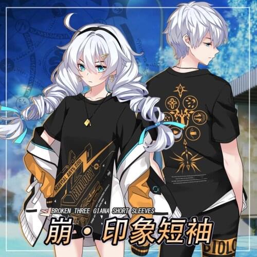 Cosplay Anime Honkai Impact 3 Kiana Kaslana Summer Short sleeve Fake Two Pieces T-Shirt Pants trousers Hanori Coat Unisex Outfit