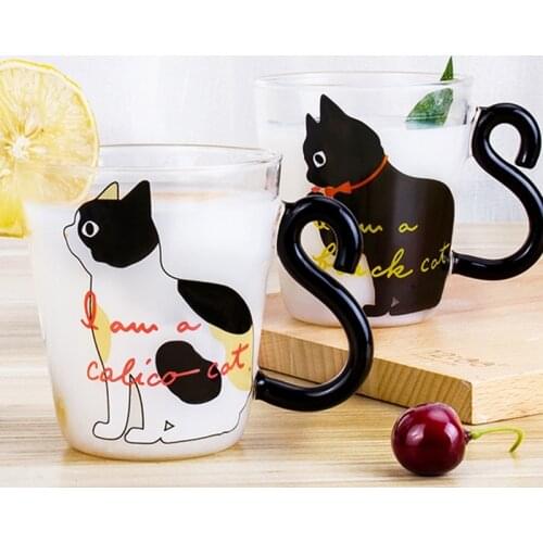Cute Kitty Glass Water Cup Cat Tail Handle Mug Milk Tea Coffee Fruit Juice Mug Drinkware Home Office Lovers Cup