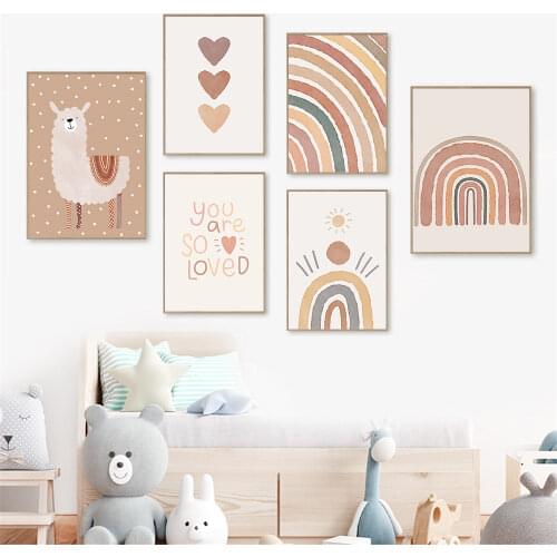 Sun Heart Alpaca Nursery Wall Art Canvas Print Rainbow Poster Painting Boho Art Prints Nordic Wall Pictures Baby Kids Room Decor