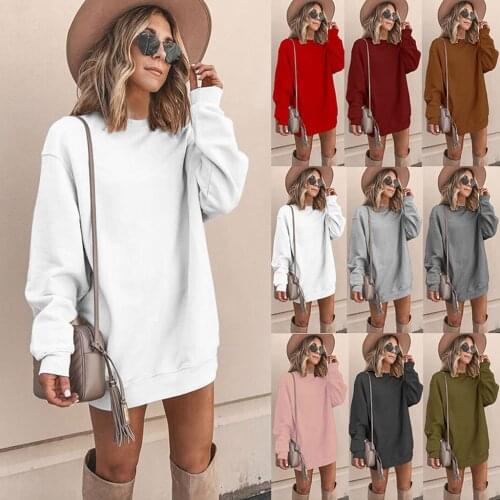 Solid Color Hoodie Women O Neck Long Sleeve Mid-long Casual Loose Sweatshirts Hoodies Women Autumn Winter Clothing